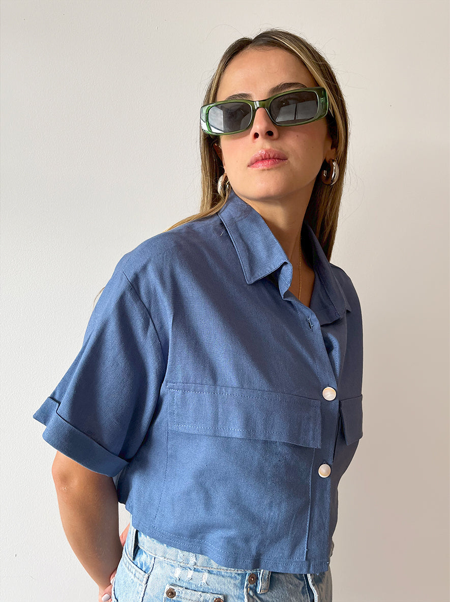 Camisa crop Lino recuperado Azul Sea Calling