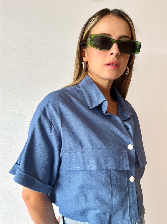 Camisa crop Lino recuperado Azul Sea Calling