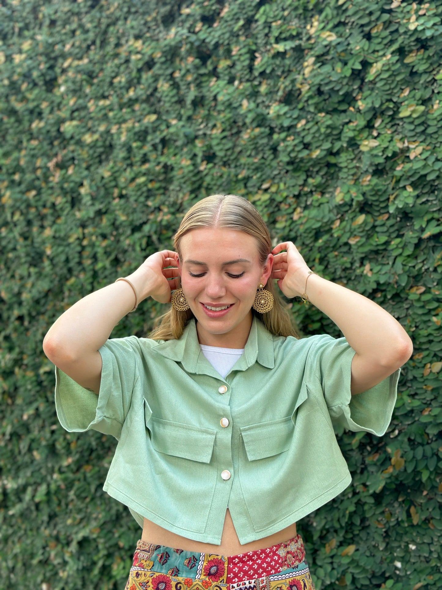 Camisa crop verde Lino recuperado verde Sea Calling